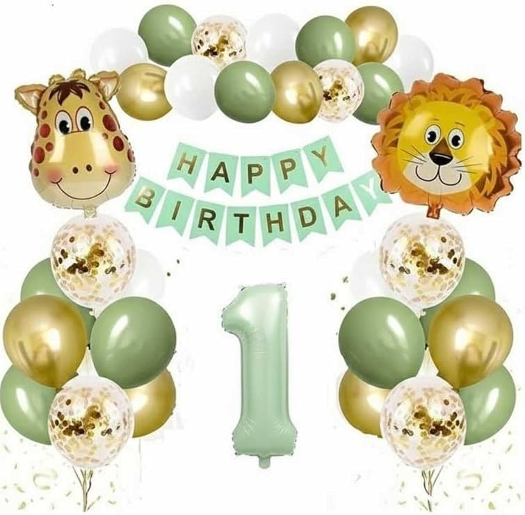 Safari Temalı 1 Yaş Doğum Günü Balon Seti, Aslan Zürafa Folyo Balon, Rakam Balon, Happy Birthday Pankartı