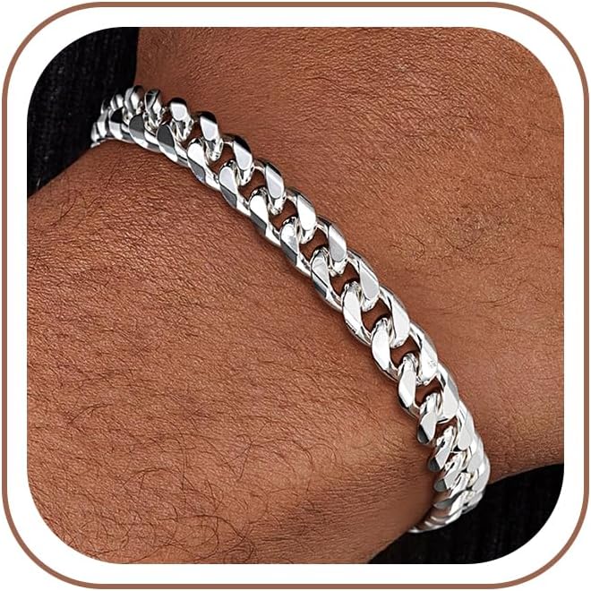 HIMSTORY Silver Bracelet for Men, 7mm 925 Sterling Silver Cuban Link Bracelet Diamond Cut Silver Bracelets Jewelry Gifts for Boyfriend Husband(8.5 Inches)