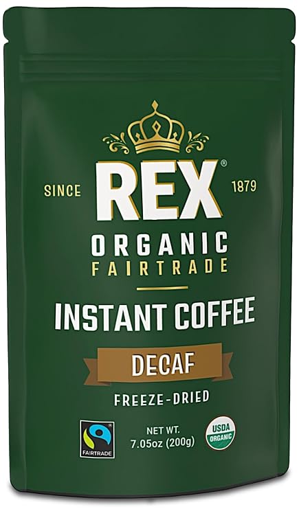 Rex Coffee Organic Fairtrade Natural Decaf Freeze-Dried Instant Coffee Naturally Decaffeinated Arabica, 7.05 oz Resealable Pouch Bag Lab Tested for Mold, Mycotoxins, Heavy Metals, Acrylamide