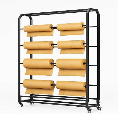 8-roll Butcher Paper Holder Loads 660 LBS, Large Mobile Gift Wrap Rack for Classroom Arts Crafts Activity, Heavy Duty Metal Textile Fabric Rolls Organizer - Adjustable Spacing