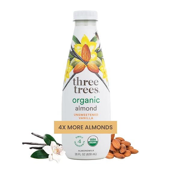 Three Trees Almond Milk Unsweetened Vanilla, Organic, Plant Based, Dairy Free 10.5g Protein, 4x More Almonds, Clean 4-Ingredient, Sugar Free, No Gum or Oil, Vegan, (28 FL OZ)