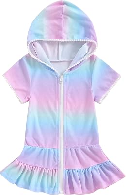 Girls Gradient Color Swim Cover Up One Piece Swimsuit Tie Dye Zip Short Sleeve Ruffle Hooded Terry Coverup Swimwear