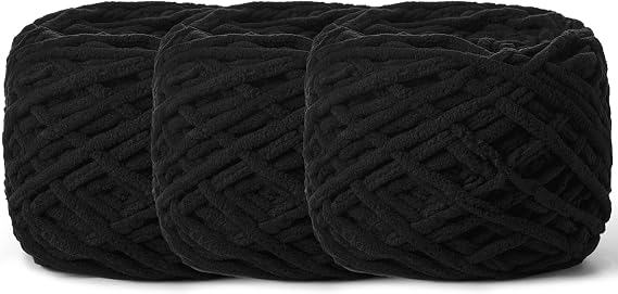 3 Pack Fluffy Chenille Chunky Yarn for Crocheting 100g(65.6yd) - Baby Yarn for Crocheting Soft - Velvet Yarns for Crochet Blanket - Amigurumi Crochet Yarns(Black