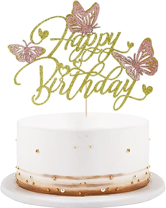 gold Happy Birthday Cake Topper- 3d Handmade Butterfly Cake Decorations | Summer themed for Baby Shower, Boys Girls Kids Birthday Party Decoration Supplies