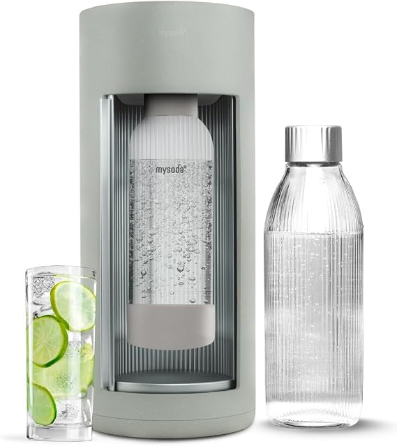 Mysoda Glassy Silent Soda Maker + 1L Glass and 1L Plastic Bottles - Pigeon | Silent Carbonated Water Machine with Sliding Door Opening - for Easy Home Carbonation - Sparkling Drinks at Home