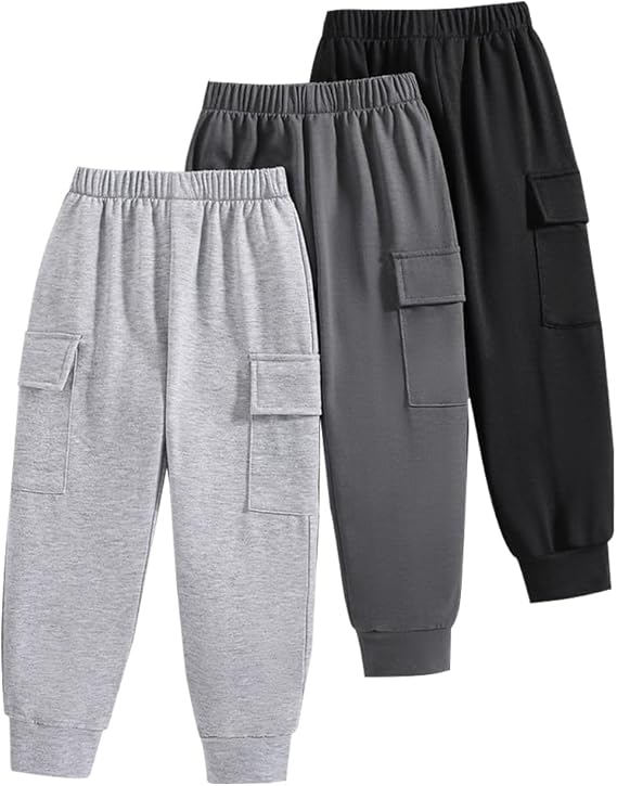 Nivne Tco Boys Casual Pants-Solid Color Soft Trousers-Toddler Boys 3 Pack Sweatpants Set (3-7 Years)