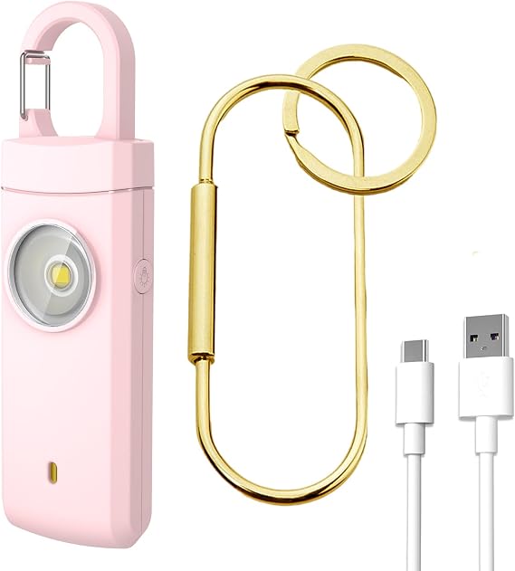 Personal Safety Alarm,Rechargeable with Keychain and LED Strobe Light, Pink
