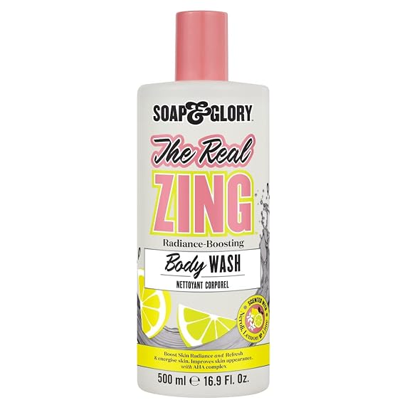 Soap & Glory The Real Zing Radiance Boosting Body Wash - Hydrating Body Wash with AHAs - Citrus Scented Moisturizing Body Wash for a Healthy Glow (500ml)