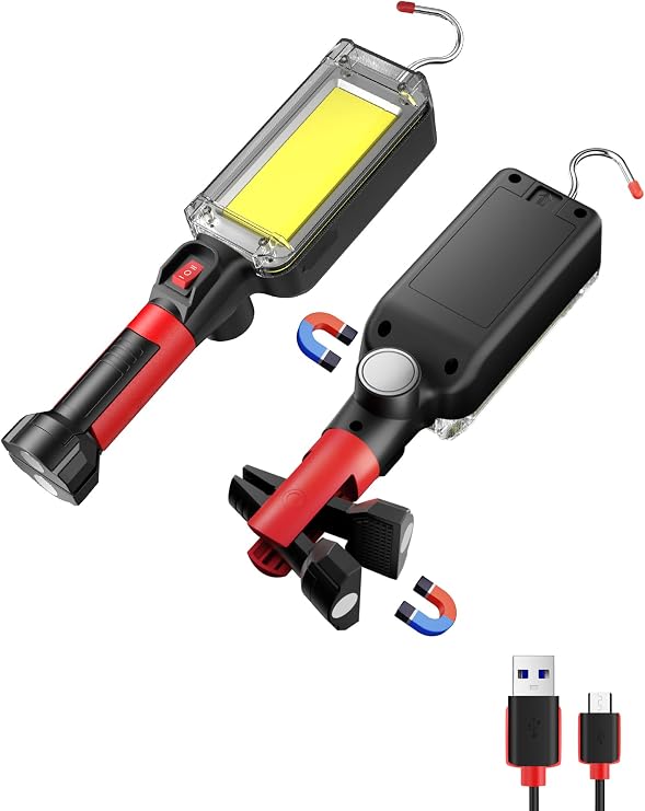 Rechargeable COB LED Work Light - Magnetic Hands-Free Trouble Light with 360 Rotating Hook, IPX4 Waterproof Drop Light for Garage Repair, Emergency, Tool Gifts for Men