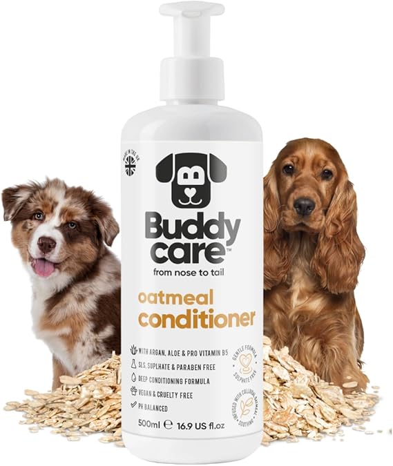 Buddycare Oatmeal Dog Conditioner (500ml) Made with Aloe Vera, Argan Oil & Pro Vitamin B5 to Detangle Matted Coats & Relieve Sensitive & Itchy Skin, Suitable for Puppies from 8 Weeks, Vegan Formula