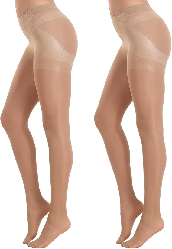 MANZI 2 Pairs Women's Sheer Tights 40D High Waist Control Top Pantyhose Thigh High Stockings with Reinforced Toes