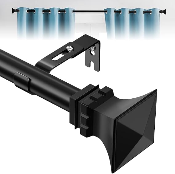 Curtain Rods for Windows 28 to 52 inch with Square Finials, Easy Install Rust Proof Decorative Drapery Rods for Outdoor Patio Bedroom Living Room, 1 inch Diameter, Matte Black