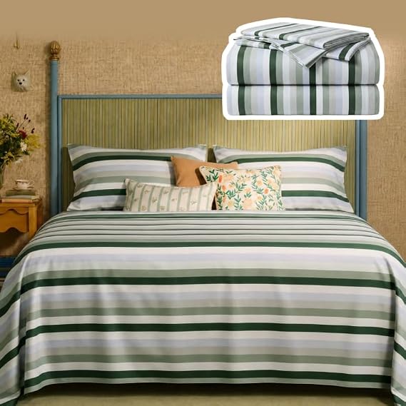 Vesta Line Striped Sheet Set, Pima & Australian Cotton Blend, 400-Thread Count, Ultra-Soft, Breathable & Oeko-TEX Certified for Sensitive Skin (Morandi Tone, Queen (4-Pc Sheet Set))