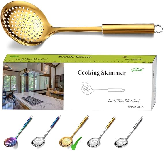 Berglander Golden Cooking Skimmer With Titanium Plating, Stainless Steel Gold Strainer, Slotted Spoons