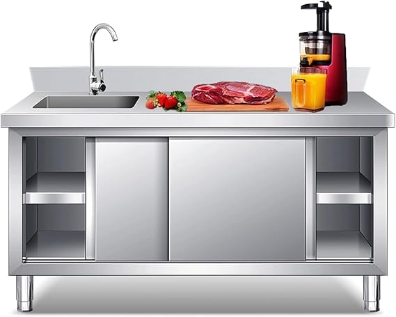 Outdoor Stainless Steel Kitchen Sink With Cabinet, Freestanding Laundry Utility Sink With Workbench & Storage With Faucet,Commercial Fish Cleaning Station Table for Garage Room Hotel(L.,100*50*80CM/39