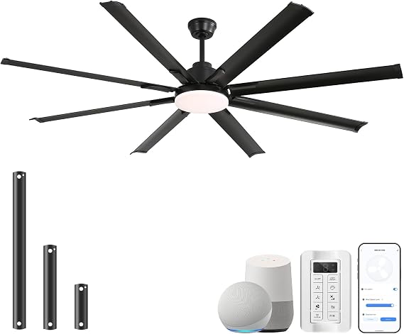 Sofucor 84 Inch Smart Ceiling Fan with Light, 8 Aluminum Blades Black | Alexa/Google Assistant/APP/Remote Control, Reversible DC Motor, Timer, 6 Speeds, 3CCT For Industrial Large Garage Patio