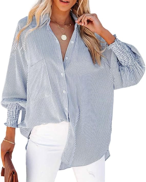 OPOIPIN Women's Striped Print Shirred Long Sleeve Button Down Pocket Blouse Shirt Top