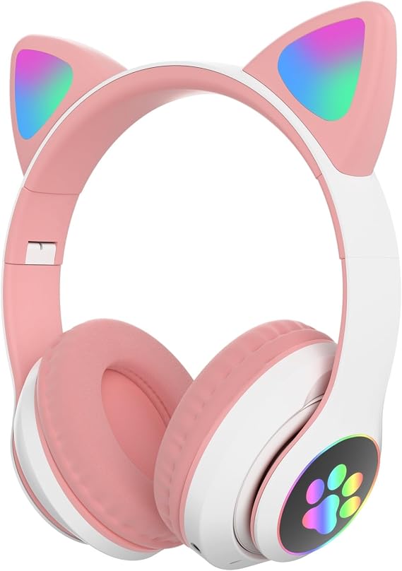 Kedili Kablosuz Bluetooth Kulaklık Led Işıklı Mikrofonlu Raydolu Fm Çocuk Kulaklığı, Kulak Üstü Sevimli Kedi Kulaklık LED Işıklı Katlanabilir Kablosuz Kulaklık Okul/Tablet/PC/Telefon (Pembe)