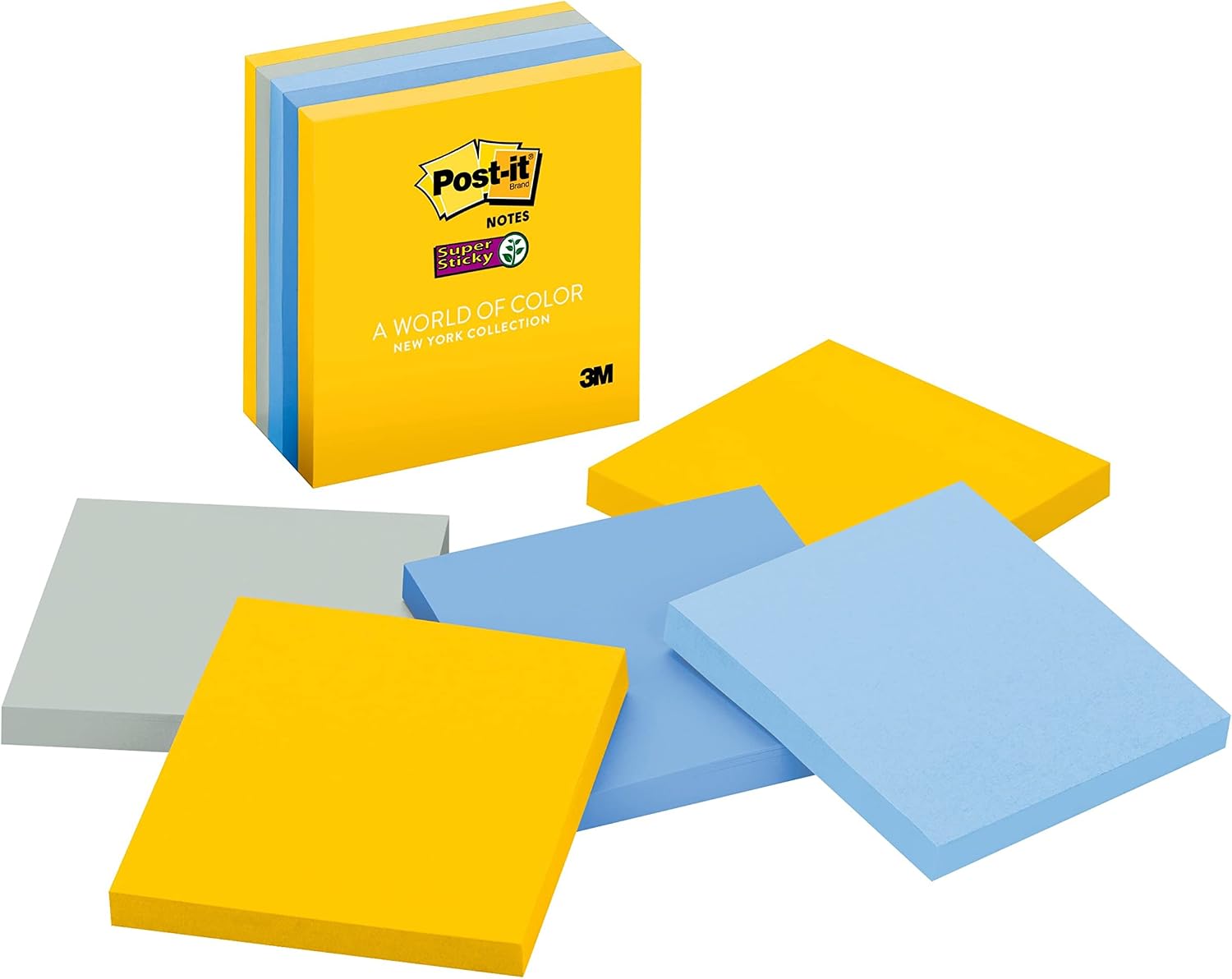 Post-it Super Sticky Notes, 3x3 in, 5 Pads, 2X The Sticking Power, New York Collection Blue, Gray, Yellow Recyclable 654-5SSNY