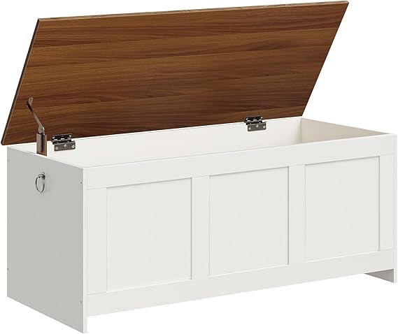 HOOBRO 47.2" Large Storage Bench, Retro Storage Chest with Safety Hinge, Wooden Storage Trunk, Toy Chest with Lift Top for Bedroom, Living Room, Entryway, White and Walnut WH412CW01G1
