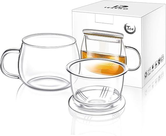 13oz Clear Glass Tea Infuser Cups wtih Filter Basket and Lid for Loose Leaf
