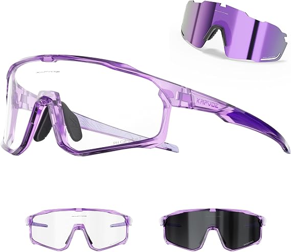 KAPVOE 2 Lens Cycling Sunglasses Photochromic and Polarized Men Women K93 | 2 Lenses: Clear to Black Photochromic CAT.1-CAT.2 + Purple Polarized; UV400, Quick Swap
