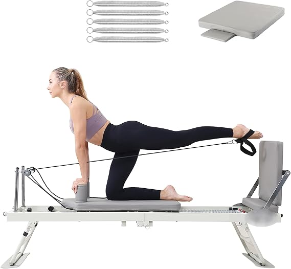 Foldable Reformer Pilates Machine Compact Pilates Reformer Machine Equipment for Home Gym, Grey