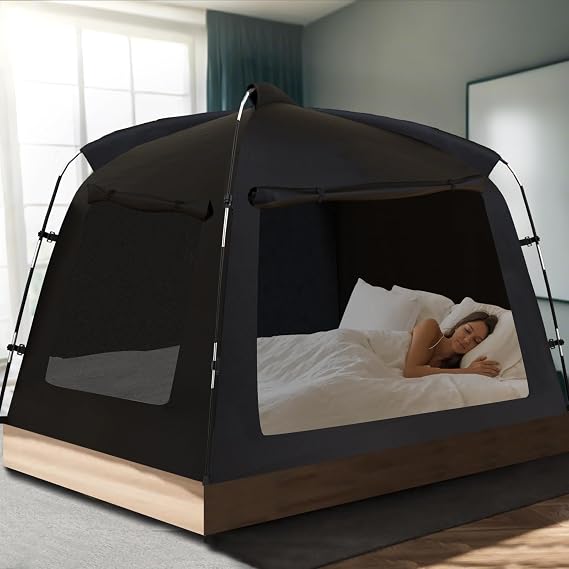 Bed Tent, AYAMAYA Indoor Privacy Tents Bed Canopy for Kids and Adults, Privacy Space 80% Blackout for Sleeping, Breathable Mesh Windows & 2 Doors and Phone & Pad Holders Inside