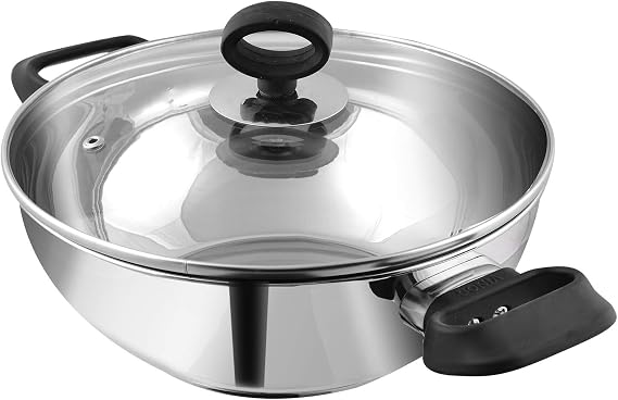 Vinod Deluxe Kadhai | Stainless Steel Wok | Tempered Glass Lid | Induction-Friendly| Sandwich Bottom | 20cm Capacity | 2 Liters(2.1 Quarts) |Multi-Use Pot| Suitable For Indian Cooking, Gravy, Stews
