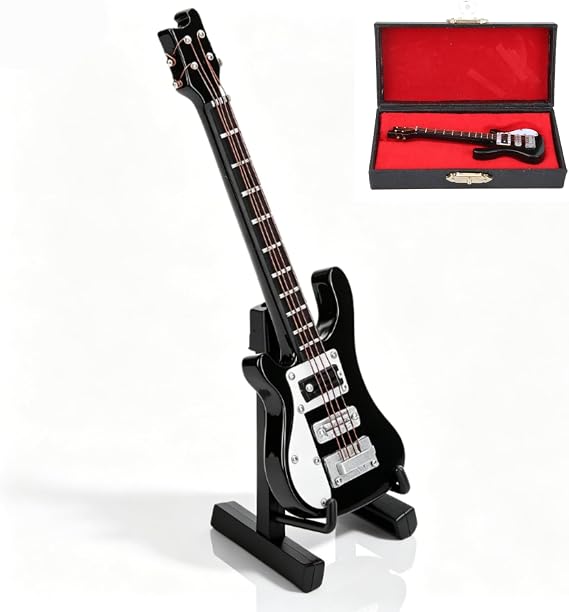 Cyrank Electric Guitar Ornament, 10cm Wooden Musical Instrument Model Guitar Display Ornament with Stand and Case Miniature Musical Replica Decoration(Black)