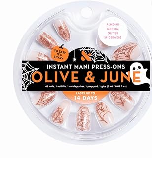 Olive & June Instant Mani Medium Almond Press-on Nails, Glitter Spiderwebs, 42 Pieces