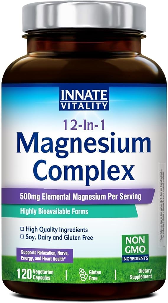 Innate Vitality 12-in-1 Magnesium Complex, 500 mg Elemental Mag, with Magnesium Glycinate Malate Taurate Aspartate & More, Non-GMO, for Nerves, Sleep, Heart, Energy, 120 Veg Caps