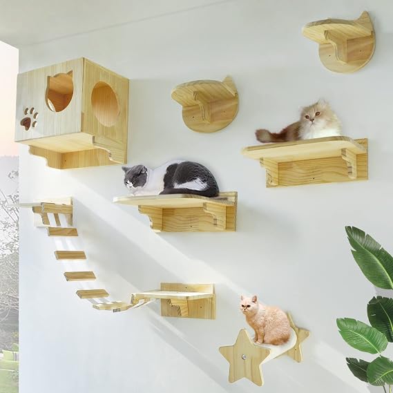 La La Pet Modern Cat Shelves & Perches - Wall Mounted Cat Climbing Tree with 9 Steps & Ladder, Activity Center & Lounger