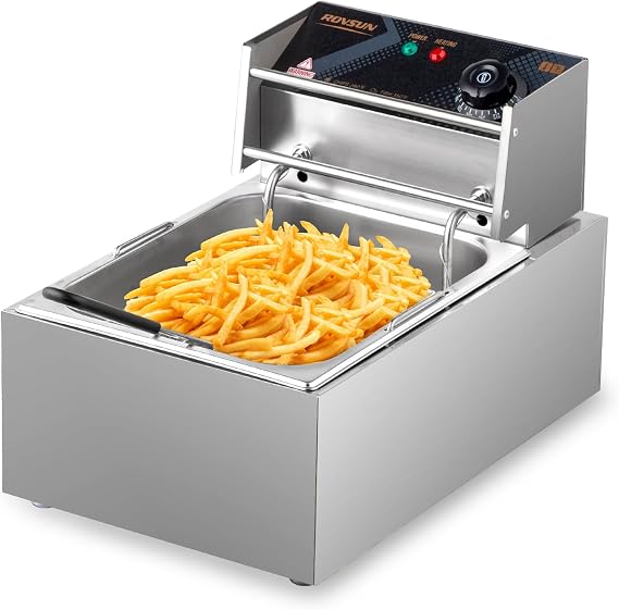 ROVSUN 11.4QT Electric Commercial Deep Fryer with Basket & Lid, Countertop Kitchen Frying Machine, Temperature Adjustable Stainless Steel French Fryer for French Fries Donuts Onion Rings 2500W