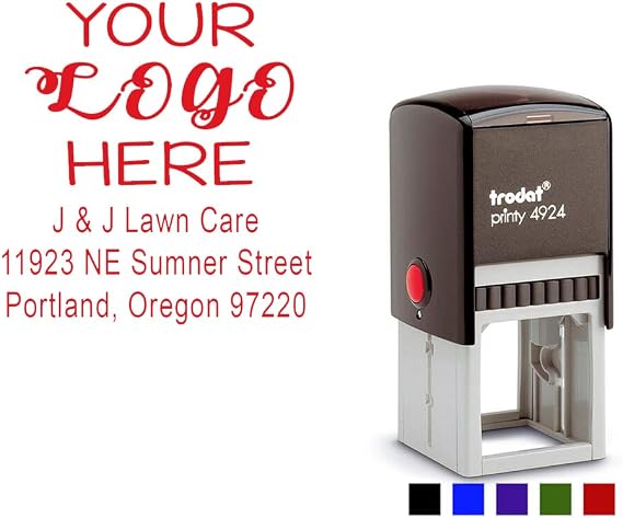 Square Business Logo Stamper with Address or Company Details. up to 5 Lines, Choose Your Ink Color - Size 1 5/8 x 1 5/8. (Red)