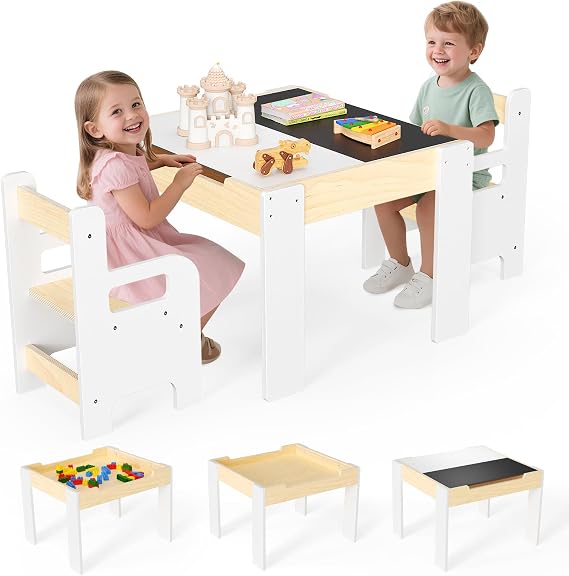Kids Table and Chair Sets,5-in-1 Wooden Kids Table & Chair Set – Dual-Surface, Storage-Built for Drawing, Reading & Crafts