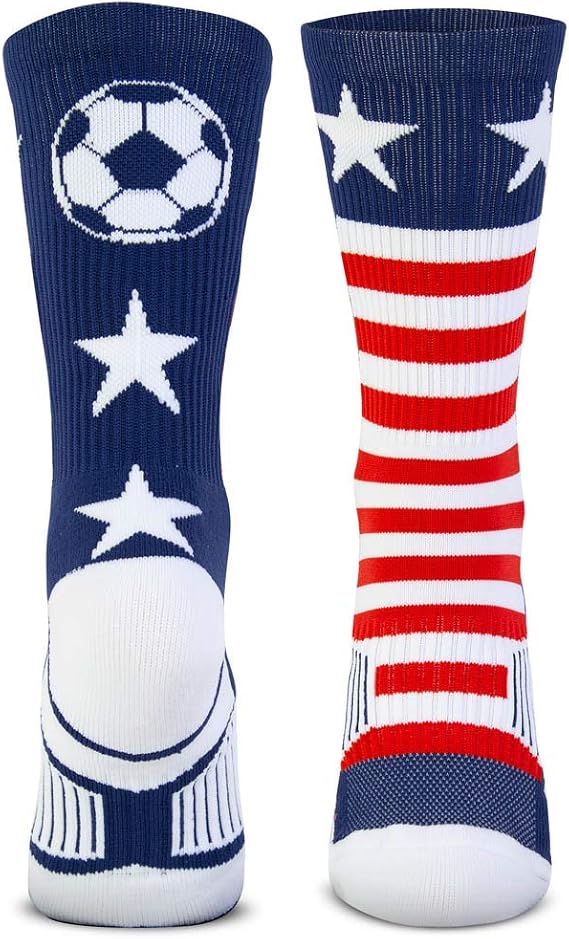 ChalkTalkSPORTS Soccer Socks - Cushioned Mid-Calf Crew - USA Patriotic | Moisture-Wicking Performance Blend, Athletic Soccer Gear, Stay-Up Technology, Arch Support, Breathable, Boys and Men