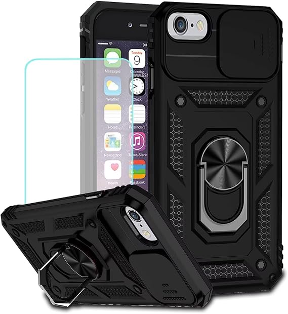 Case for iPhone 6 Case, iPhone 6S Case with Tempered Glass Screen Protector and Slide Camera Cover, 360 Rotate Ring Stand Magnetic Cover for Apple iPhone 6 Black