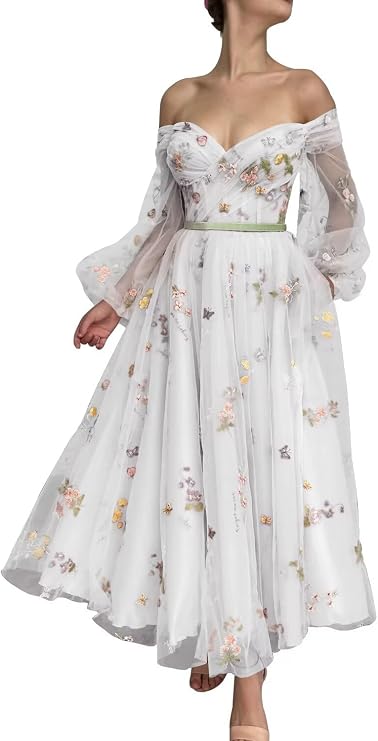Fivsole Off Shoulder Puffy Sleeve Prom Dress Flower Embroidered Tulle Short Formal Floral Gowns