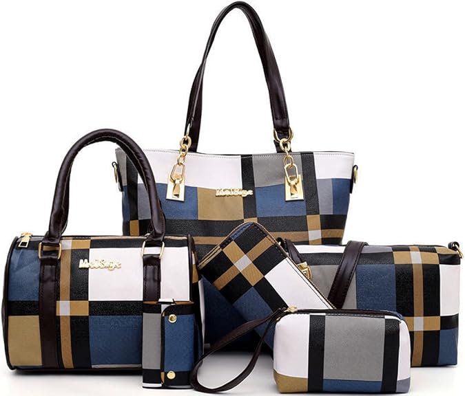 ZiMing 6-Pcs Handbag Set for Women Leather Plaid Tote Purse Wallet Kit