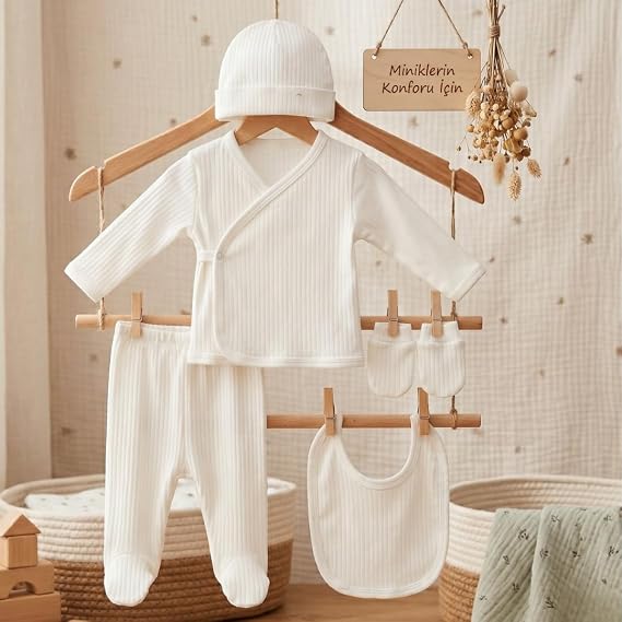 %100 Pamuklu Yenidoğan Bebek Hastane Çıkışı Seti 5 Parça Yenidoğan Bebek Takımı Unisex Bebek Seti (Beyaz)