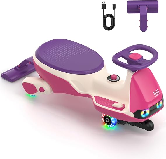 FanttikRide N10 Pro Electric Wiggle Car, USB-C Charging, Eye Lights, Pink | Kids Car with Detachable Mop, Anti-Rollover, Flashing Wheels, Bluetooth, 2 Speeds, Ages 3+, 150 Lbs, Easy Assembly, GlideWiz