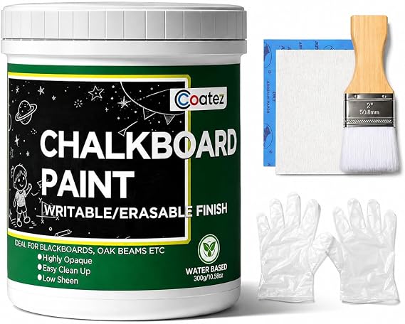 Chalkboard Paint Black with Brush, Matte Finish, 10.58oz | Built-in Primer & Top Coat, Matte Black Finish, Non-Toxic Formula, Works on Wood, Metal, Glass, Walls, Signs & Frames