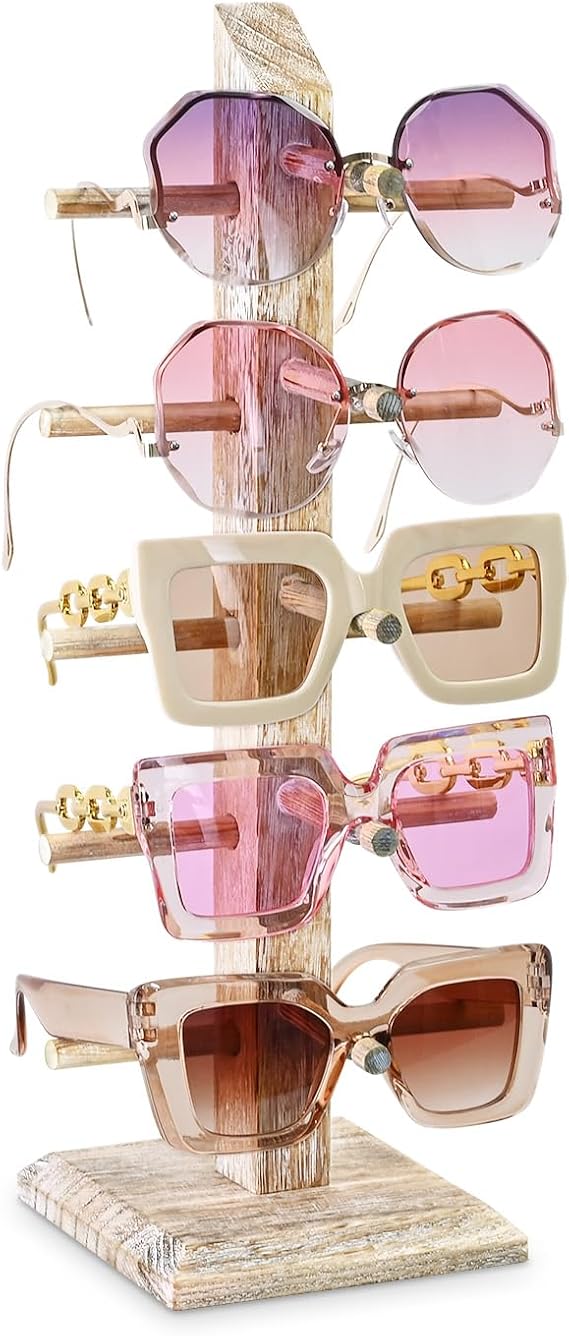 Ikee Design Wooden Sunglasses Rack Organizer, 5 Pairs Eyewear Display Stand Organizer for Home, Retail, Wooden Glasses Stand for Optical Glasses, Eyeglasses, Jewelry, Vintage White Color