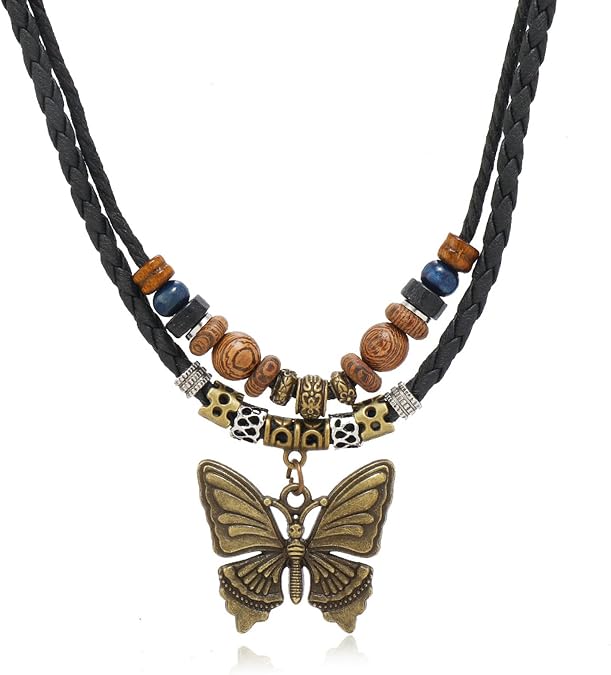 HETICA Butterfly Pendant Necklace for Women | Adjustable Layered Cord, With Beads, Vintage Boho Charm, Braided Statement Jewelry