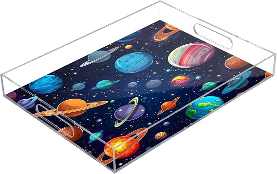 Colorful Planets Serving Tray, Clear Acrylic Decorative Tray - Sturdy Huge Capacity Serving Platters/Kitchen Countertop Tray/Vanity Table Tray 12"x16"