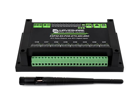 8-Ch ESP32-S3 WiFi Relay Module Industrial Controller, Onboard 8-ch Relays, 8-ch Digital Inputs, Isolated RS485 and PoE ETH Port Interface, Supports RS485 and Bluetooth/WiFi Remote Control