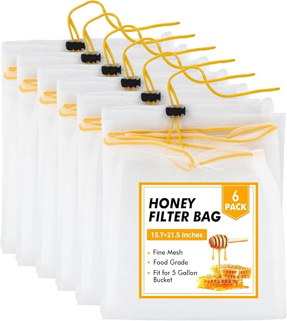 6 Pcs Honey Filter Bag,Ultra-Fine Food Grade Mesh Nylon Strainer with Adjustable Drawstring,5 Gallon Bucket Honey Extraction,Honey Strainer Reusable and Washable