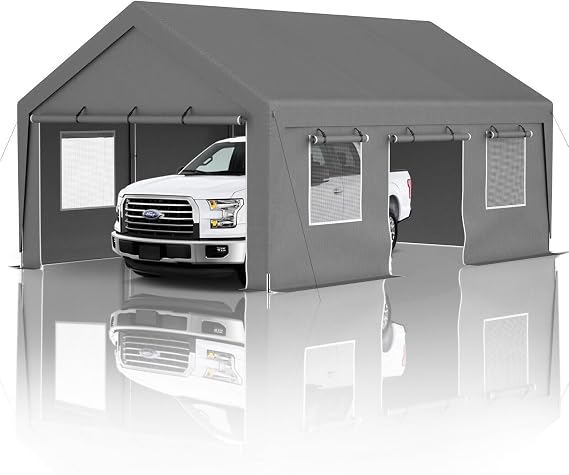 Thanaddo Carport 13'x 20' Heavy Duty Carport with Roll-up Sidewall and Ventilated Windows with Removable Sidewalls,Outdoor Portable Garage for Car,Truck,Boat,Car Canopy,Gray Carports