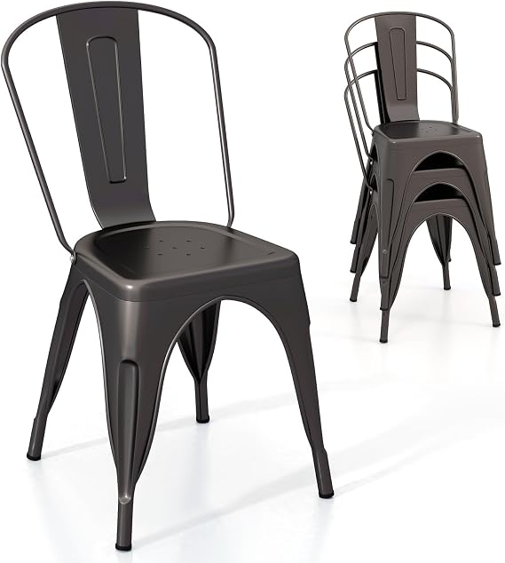 GIANTEX Metal Dining Chairs Set of 4, Farmhouse Kitchen Chairs with Removable Backrest, Space-Saving Stackable Bistro Cafe Side Chairs for Dining Room, Living Room, Restaurant (Bronze)